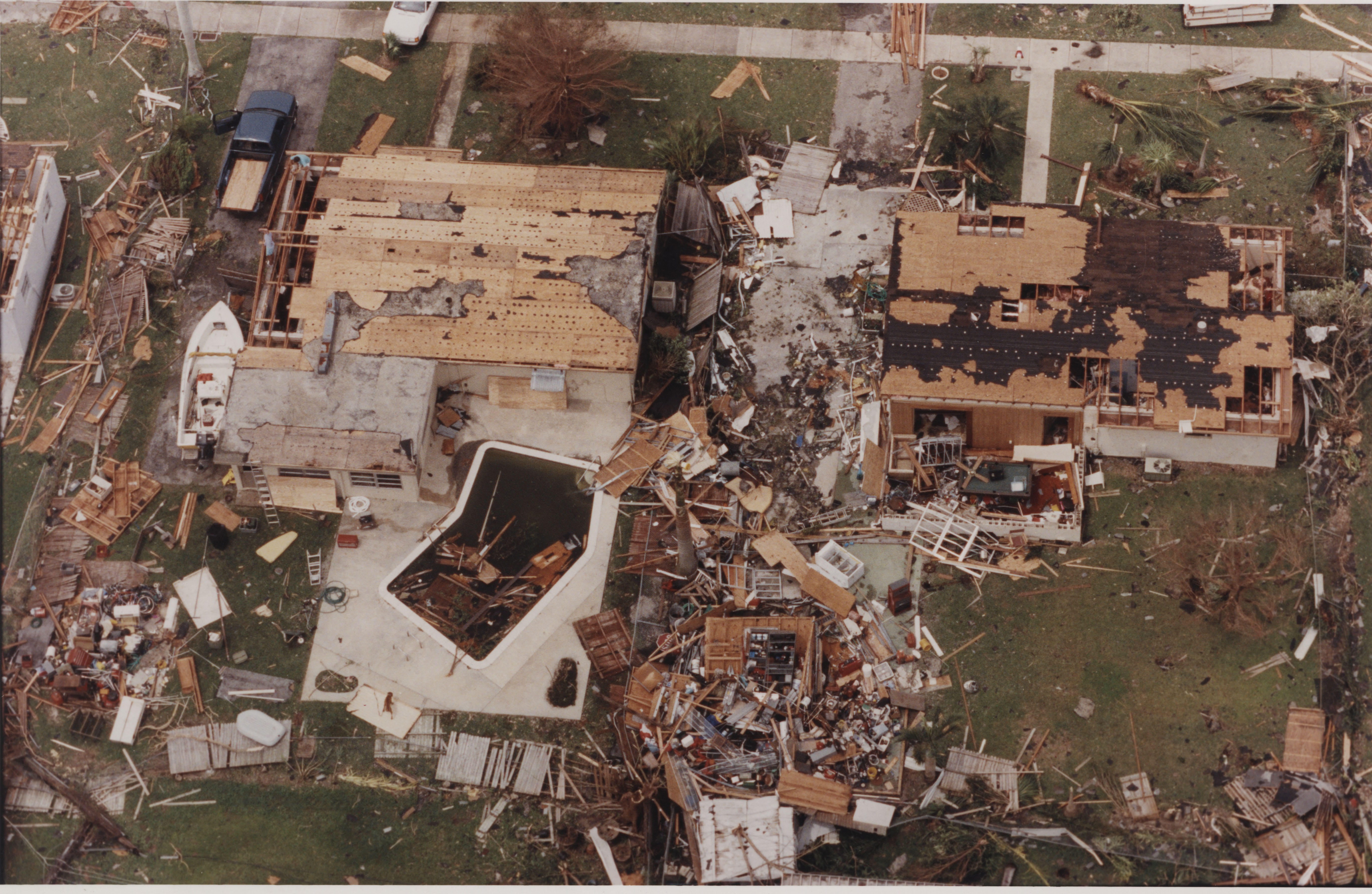 Uneven damage of a building complex from Hurricane Andrew